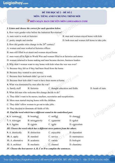 Đề số 2 - Đề kiểm tra học kỳ 2 - Tiếng Anh 9 mới